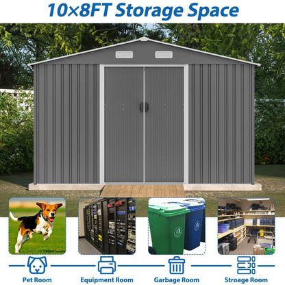 10X8 FT Outdoor Storage Shed, Metal Foundation & Lockable Doors, Tool Shed For Garden, Patio, Backyard, Lawn, Grey - Decindoor