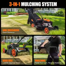 21" Sel-Propelled Gas Lawn Mower, 170cc 4-Ste Engine, 7-Position Cutting Height, 3-in-1 tile Mulching Bagging Discharging, 1.9 B