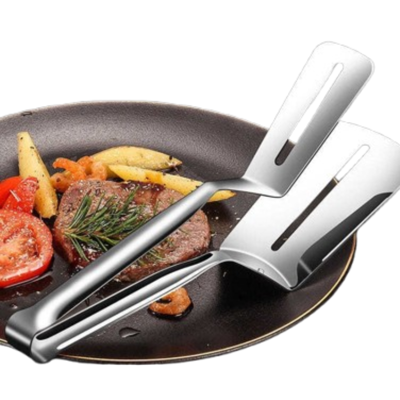 2-in-1 Steak Tongs Spatula – Stainless Steel Multifunction Kitchen Turner & Food Clip